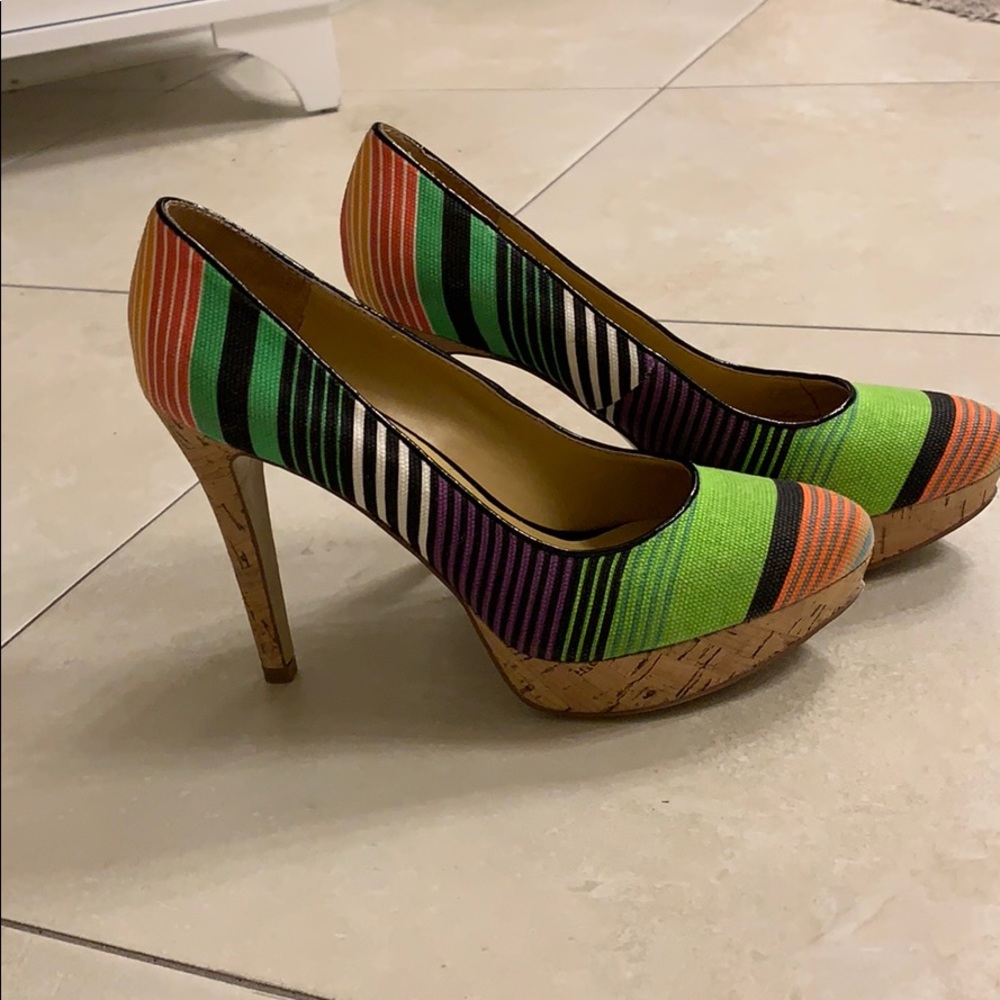 Nine West striped pumps cork heels green orange